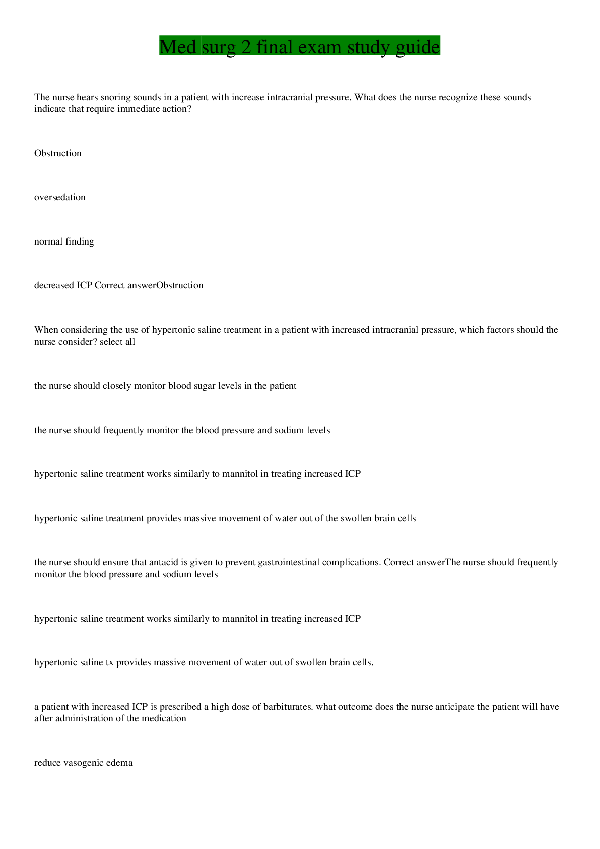 Preview image of Med surg 2 final exam study guide document